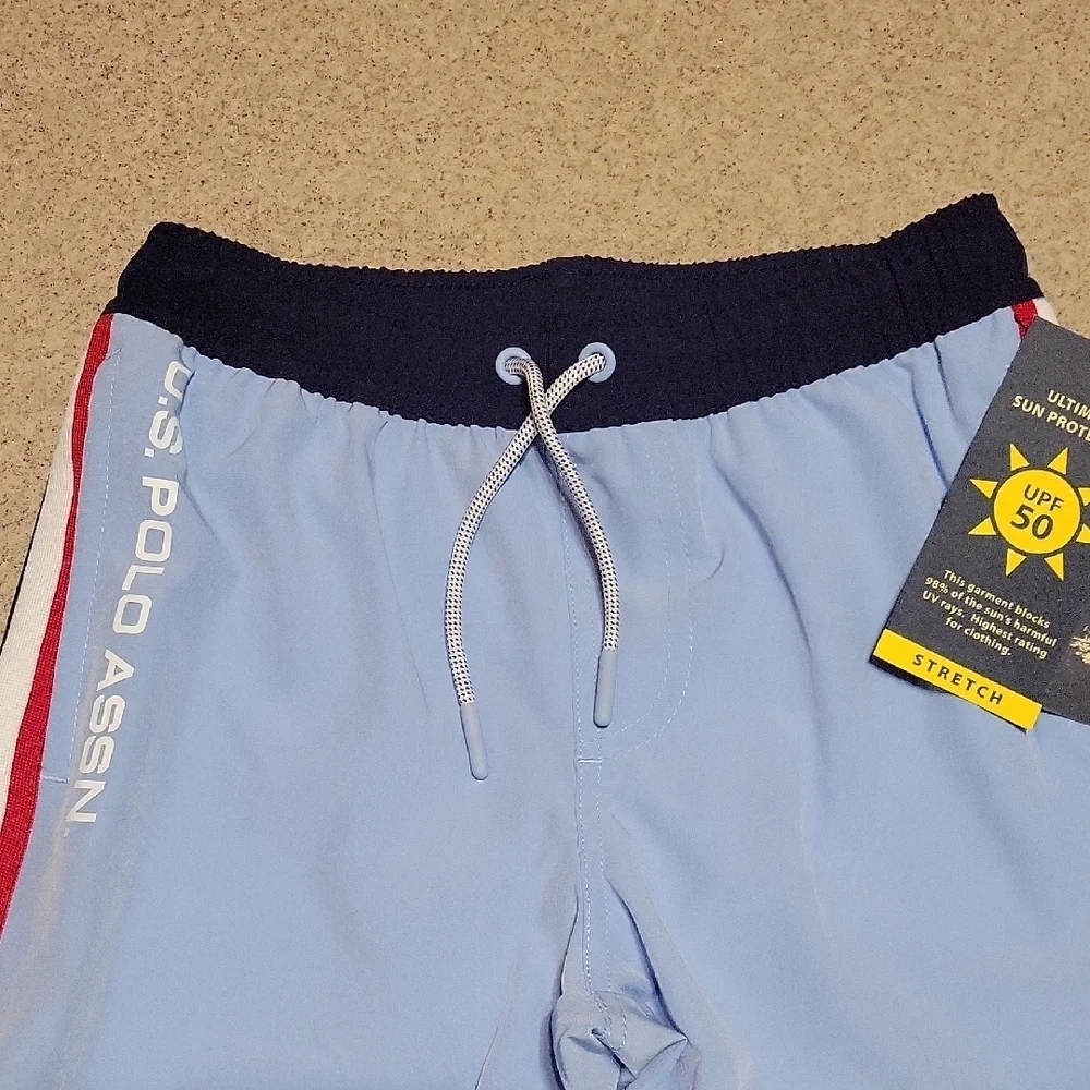 U.S. Polo Assn. Light Blue Swim Trunks with Stripes Size Small 6/7 New With Tags